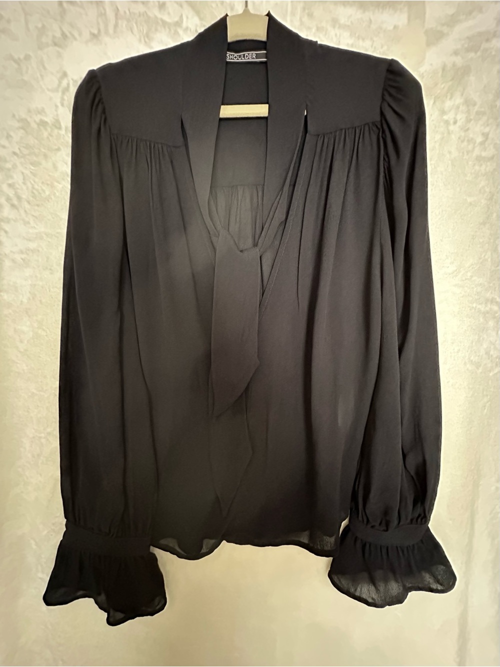 SHOULDER Black Viscose BowTie Ruffle Cuff Blouse